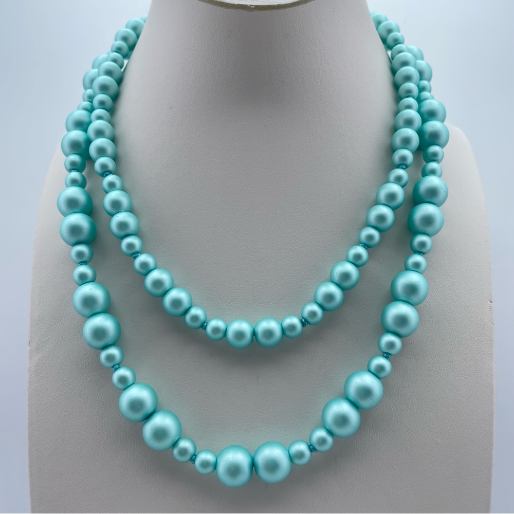 Sterling Silver knotted Double Strand Turquoise Faux Glass Pearl Necklace